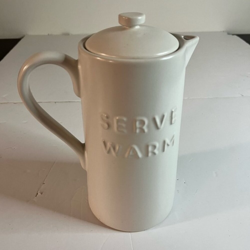 Indigo Ceramic Pitcher with Lid “Serve Warm” Embossed - Dishwasher Safe - Picture 1 of 10